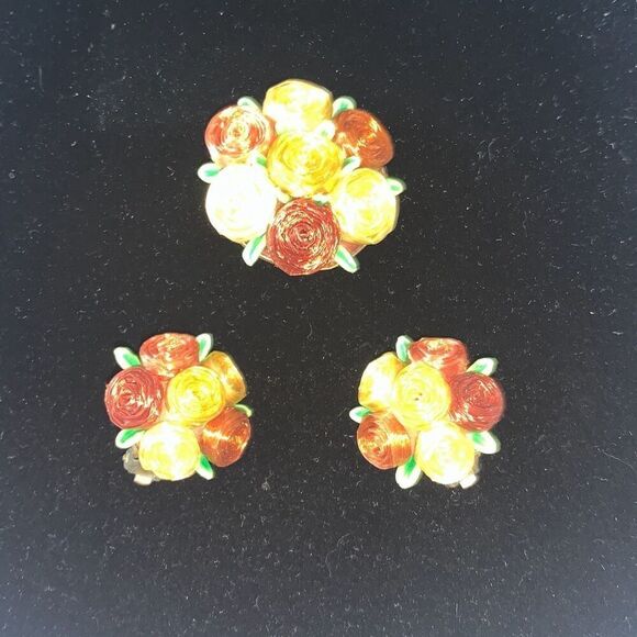 Vintage Signed West-Germany 50’s Floral Brooch Earrings Set - Picture 2 of 15